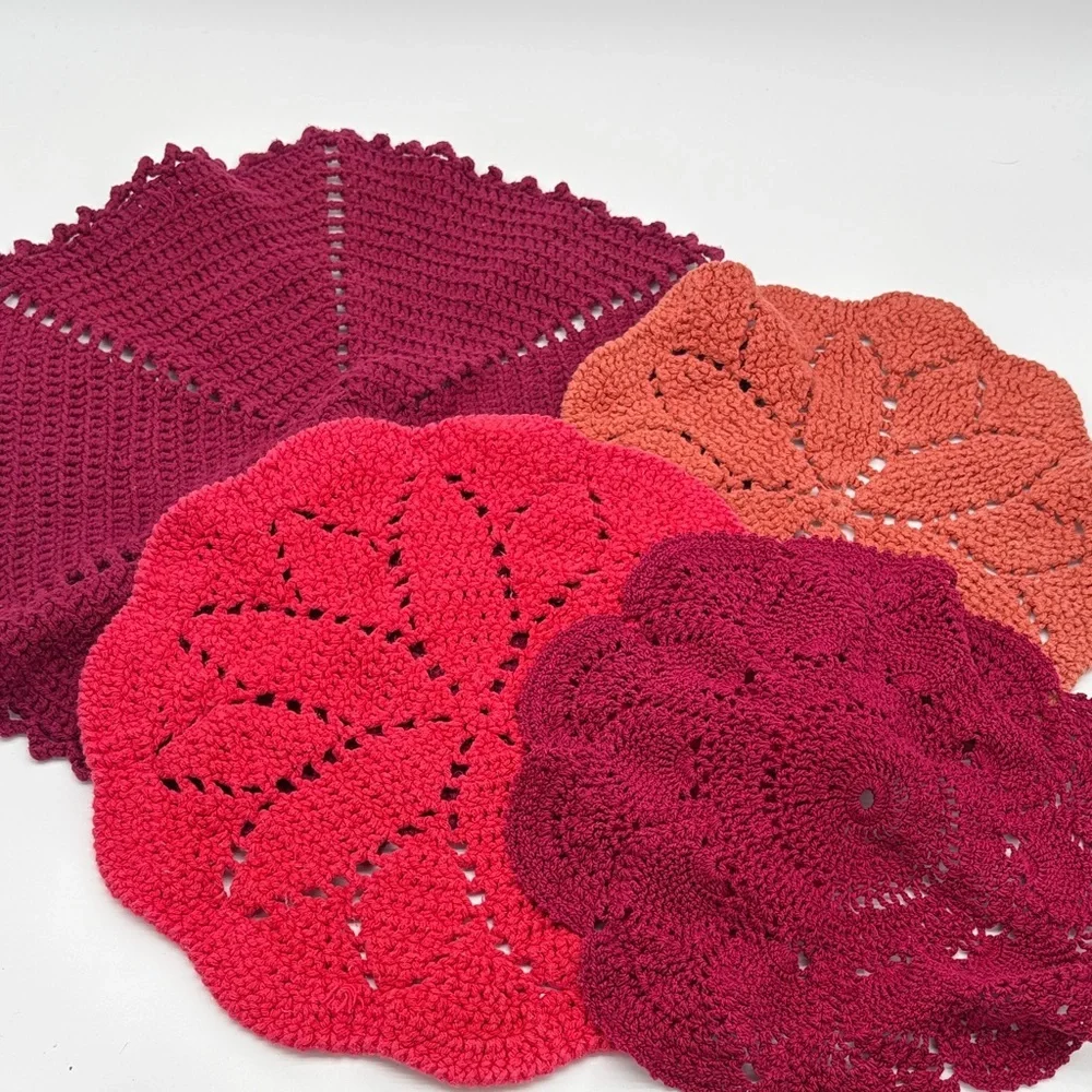 Lot of 4 Red Orange Crochet Round Different Sized Doilies